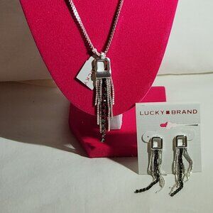 Lucky Brand necklace & earring set silver tone & black beads NWT
